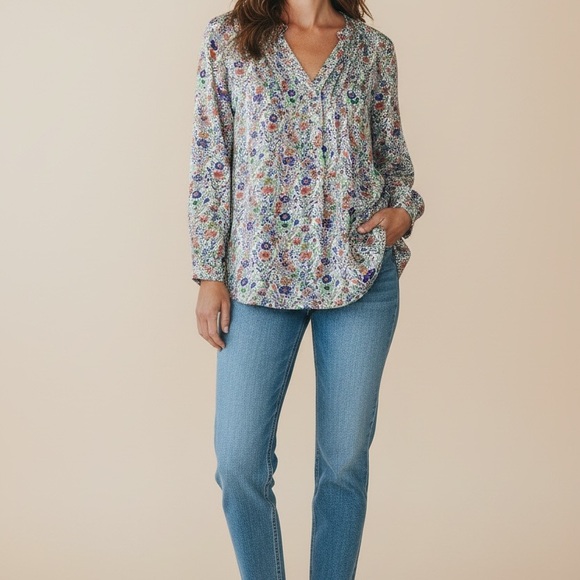 Rose & Olive Tops - Rose + Olive Cottage Boho‎ Chiffon Floral Tunic Top 2X  Multi V Neck 3/4 Sleeves